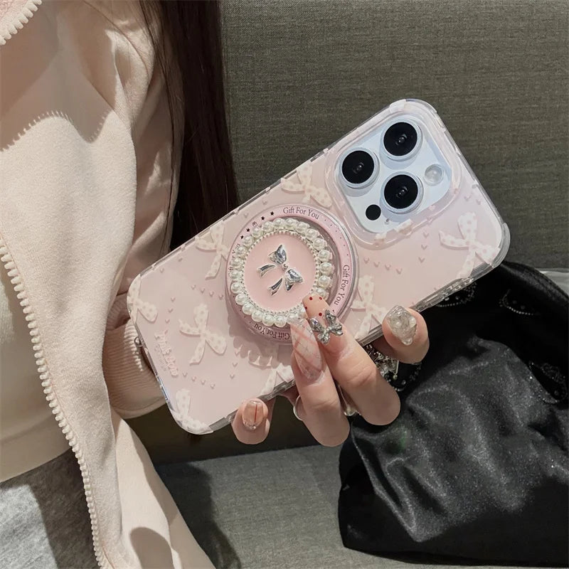 Lovely Pearl Bow Magnetic MagSafe Shockproof Case for iPhone 13–16 Pro Max Series