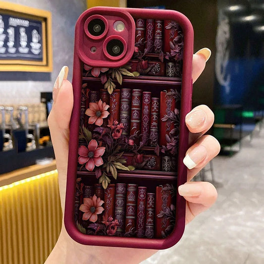 Flowery Watercolor Bookshelf Phone Case for iPhone 7–16 Pro Max Series