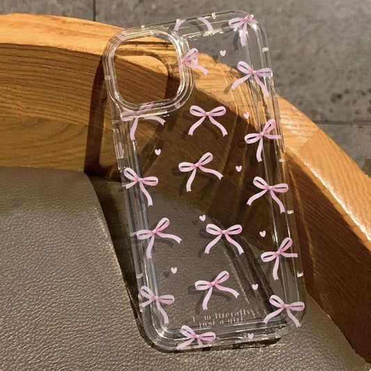 Cute Pink Heart Bow Shockproof Clear Phone Case for iPhone 11–17 Pro Max Series