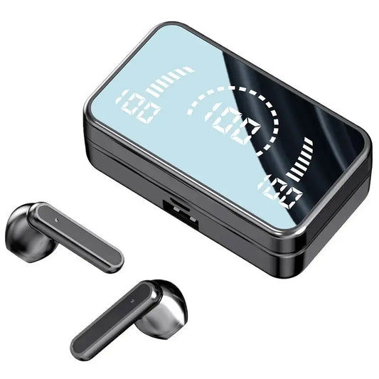 S2 TWS wireless Bluetooth earbuds in charging case with digital display for battery life monitoring.