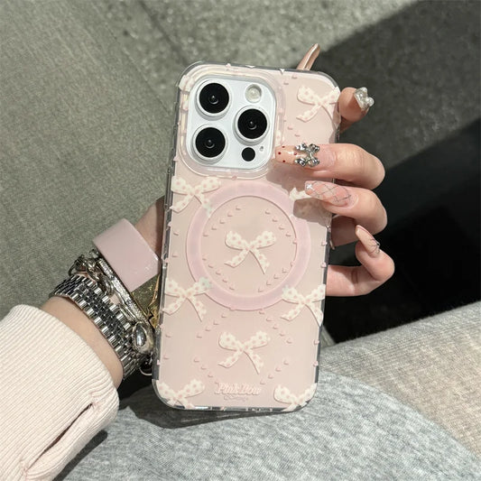 Lovely Pearl Bow Magnetic MagSafe Shockproof Case for iPhone 13–16 Pro Max Series