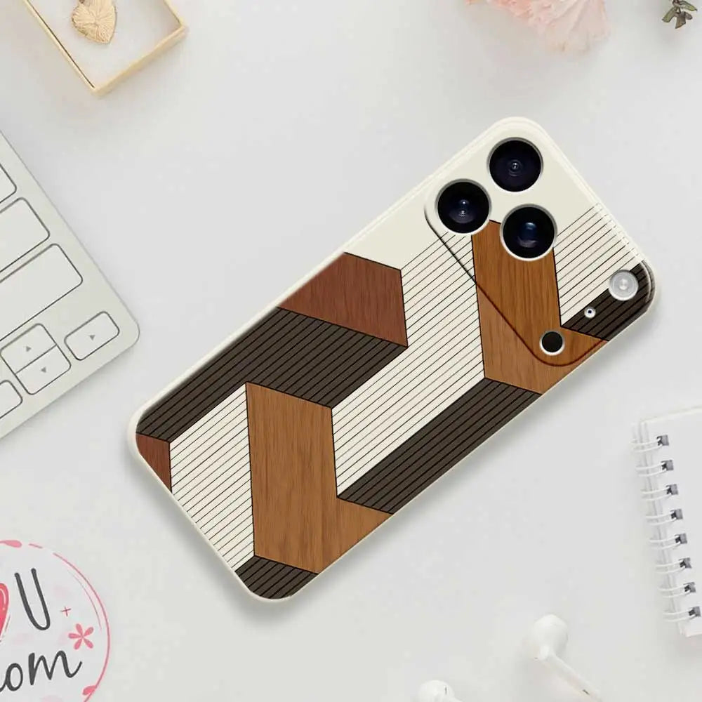 Geometric Wooden TPU Phone Case for iPhone 7–17 Pro Max Series