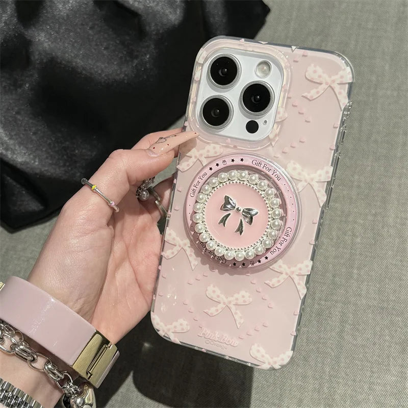 Lovely Pearl Bow Magnetic MagSafe Shockproof Case for iPhone 13–16 Pro Max Series