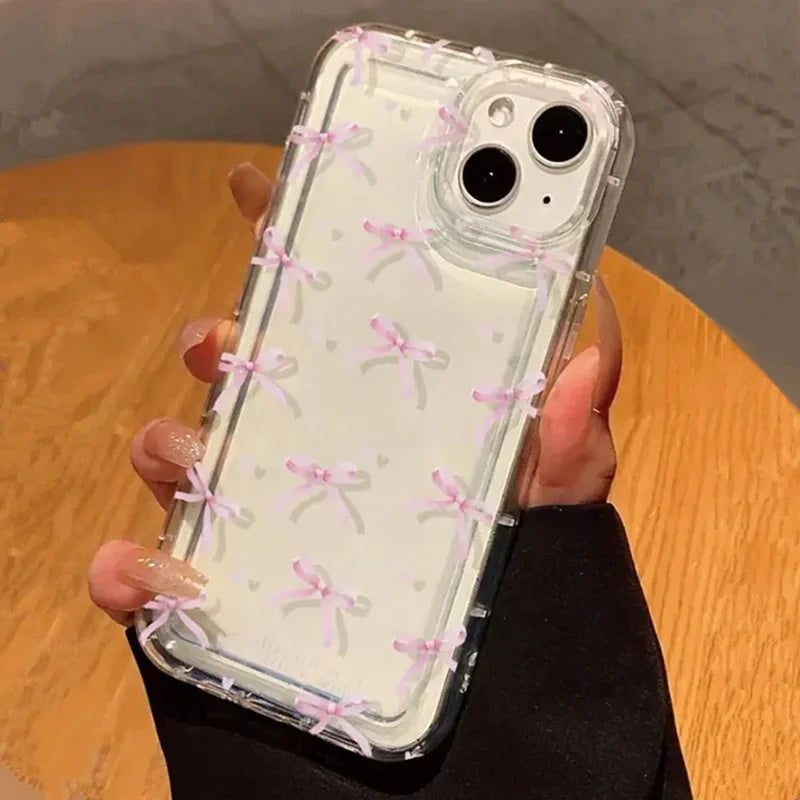 Cute Pink Heart Bow Shockproof Clear Phone Case for iPhone 11–17 Pro Max Series
