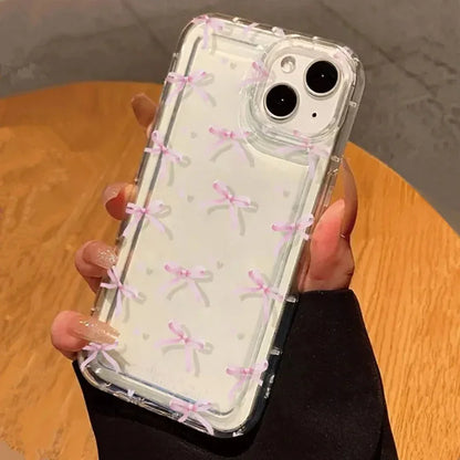 Cute Pink Heart Bow Shockproof Clear Phone Case for iPhone 11–17 Pro Max Series