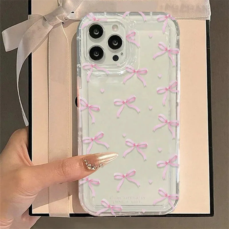 Cute Pink Heart Bow Shockproof Clear Phone Case for iPhone 11–17 Pro Max Series