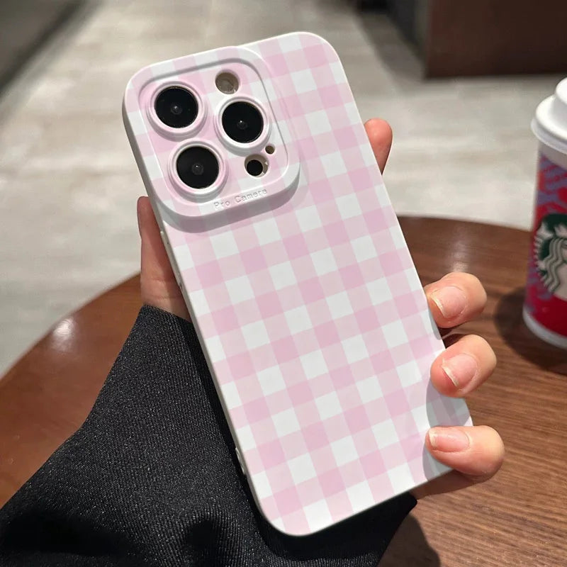 Fashion Pink Gingham Shockproof Silicone Case for iPhone 7–17 Pro Max Series