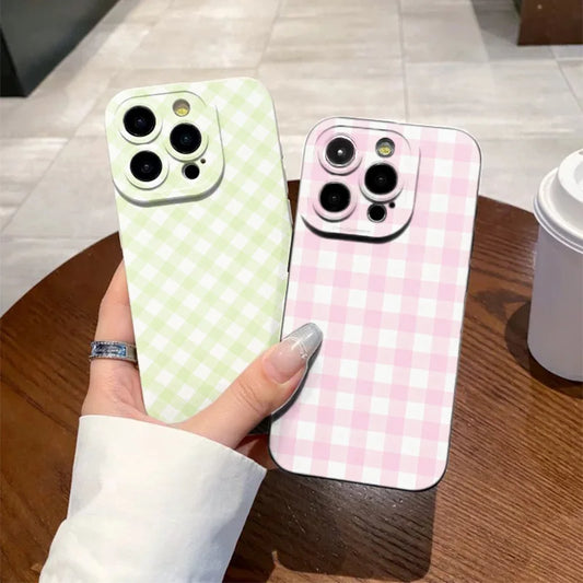 Fashion Pink Gingham Shockproof Silicone Case for iPhone 7–17 Pro Max Series