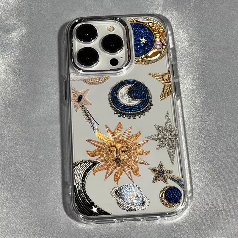 Creative Bead Embroidered Sun Electroplated Transparent Phone Case for iPhone 7–17 Pro Max Series