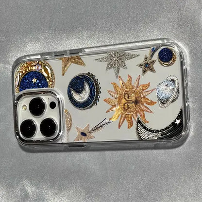 Creative Bead Embroidered Sun Electroplated Transparent Phone Case for iPhone 7–17 Pro Max Series