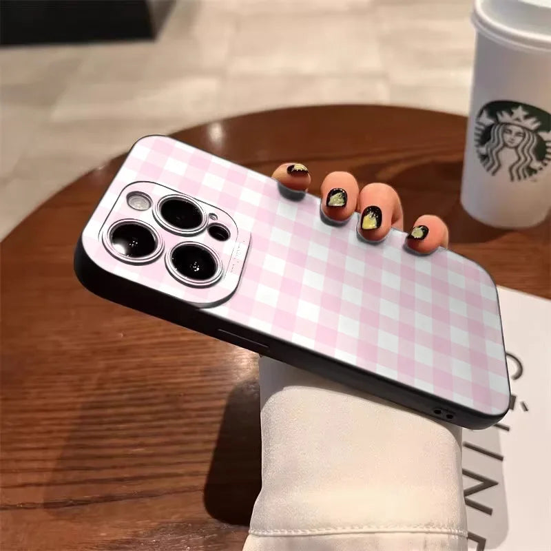 Fashion Pink Gingham Shockproof Silicone Case for iPhone 7–17 Pro Max Series
