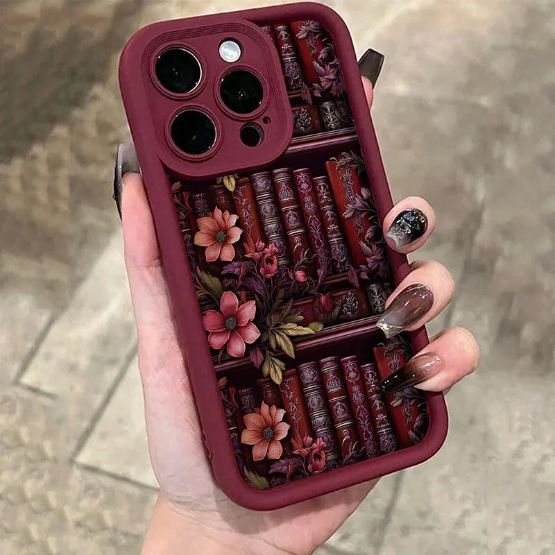 Flowery Watercolor Bookshelf Phone Case for iPhone 7–16 Pro Max Series