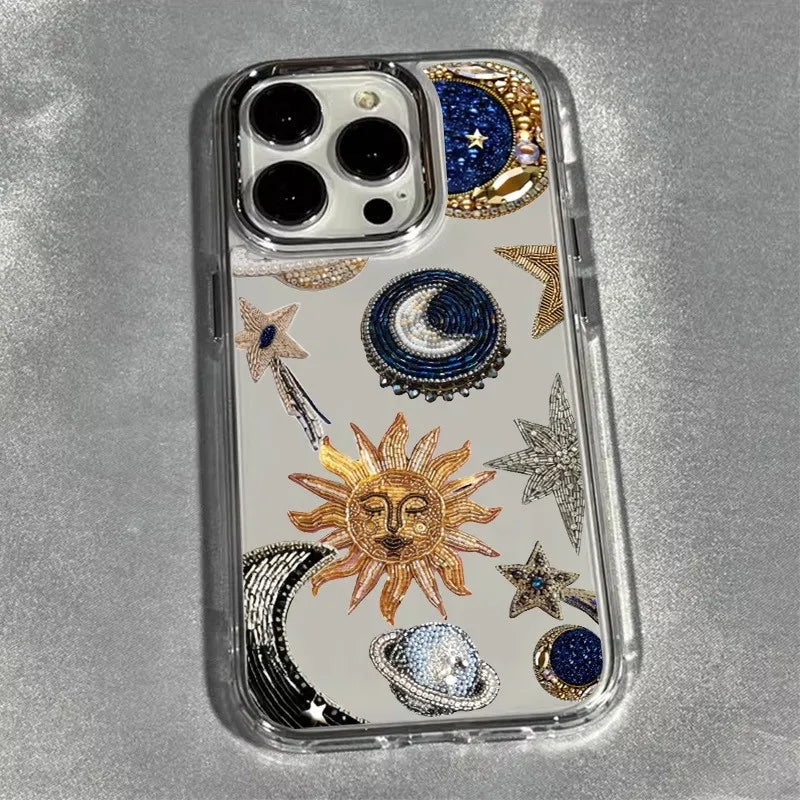 Creative Bead Embroidered Sun Electroplated Transparent Phone Case for iPhone 7–17 Pro Max Series