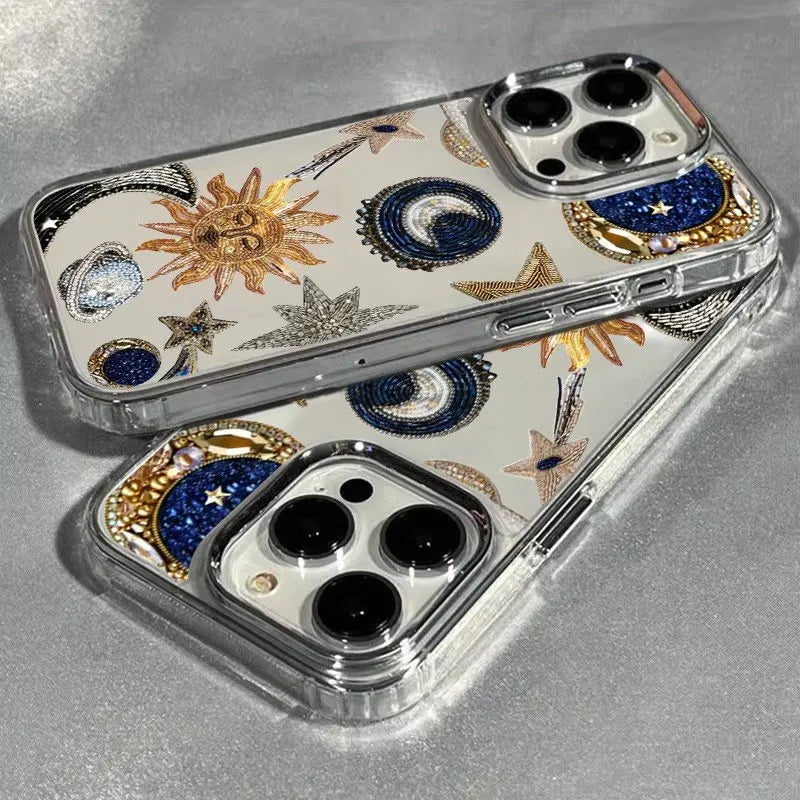 Creative Bead Embroidered Sun Electroplated Transparent Phone Case for iPhone 7–17 Pro Max Series